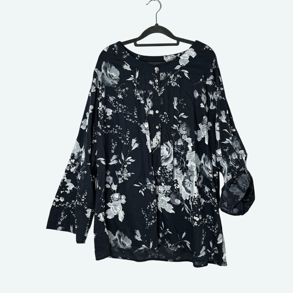 Soft Surroundings Sheer Silk Satin Leaves Hi-Low Tunic‎ Blouse Blue Button Up 2X